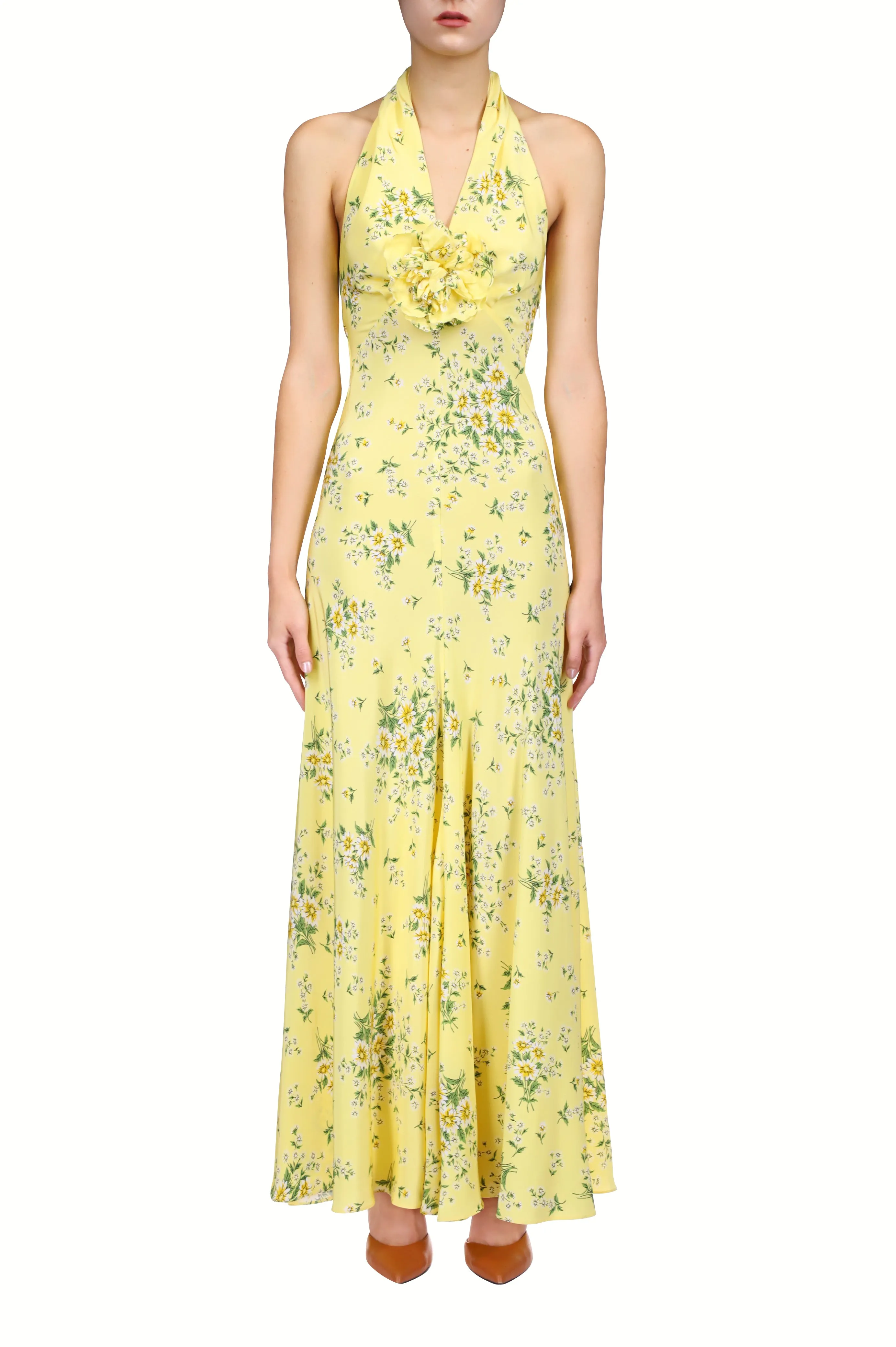 Yellow Daisy Silk Halter Dress With Silk Flower