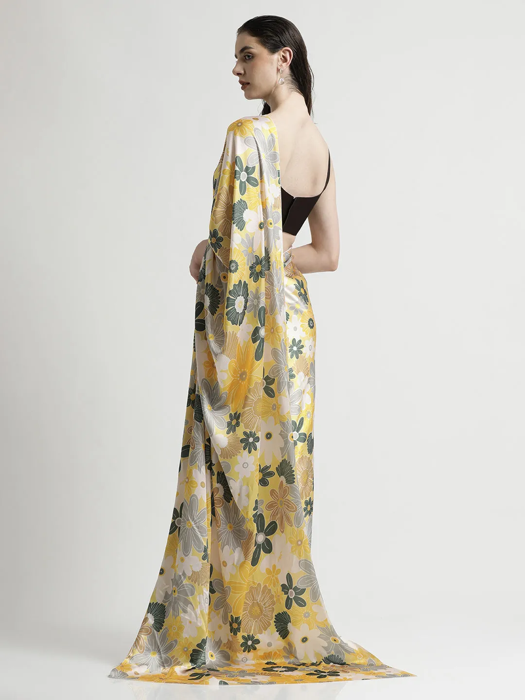 Yellow Floral Printed Japan Silk Saree