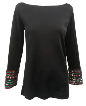 YSL Saint Laurent Rive Gauche 80s Black Tunic with Red & Green Faux Gems