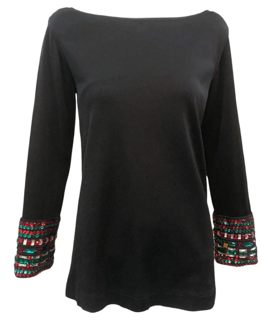 YSL Saint Laurent Rive Gauche 80s Black Tunic with Red & Green Faux Gems