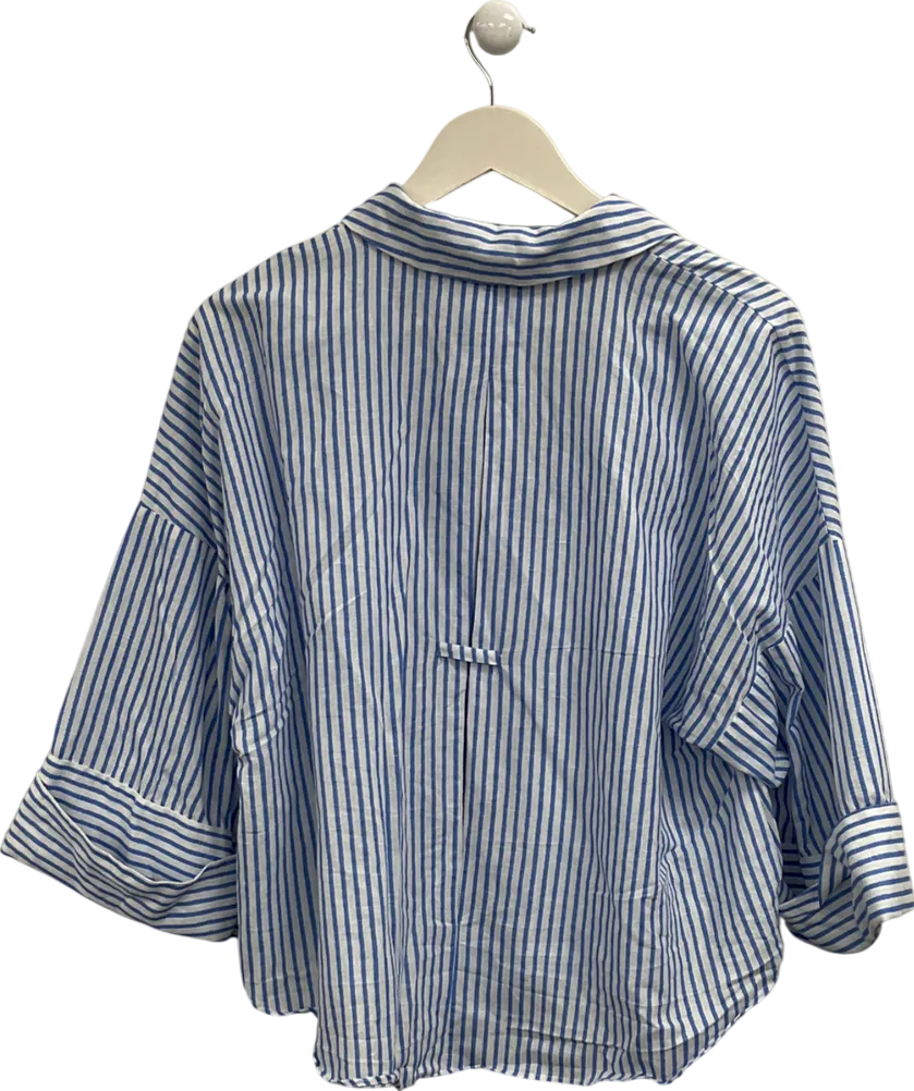 ZARA White Linen Blend Striped Loose Fit Cropped Shirt UK M