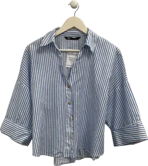 ZARA White Linen Blend Striped Loose Fit Cropped Shirt UK M