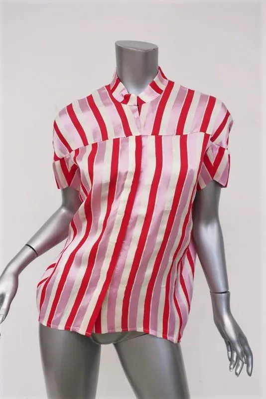 Zero   Maria Cornejo Concave Blouse Pink Striped Twill Size 0 Short Sleeve Top