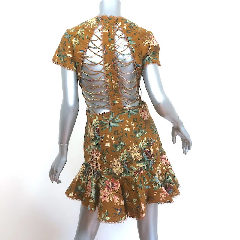 Zimmermann Tropicale Lattice Open-Back Mini Dress Brown Floral Print Size 1