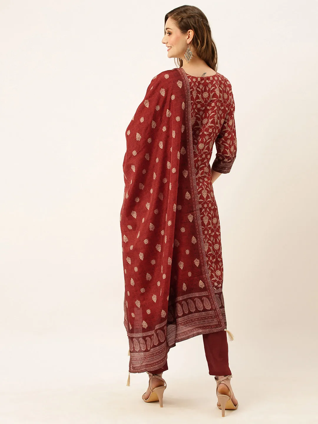ZOLA Exclusive Silk All Over Floral Print Maroon Straight Kurta Set With Dupatta For Women