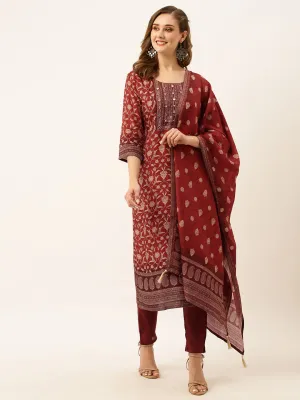 ZOLA Exclusive Silk All Over Floral Print Maroon Straight Kurta Set With Dupatta For Women