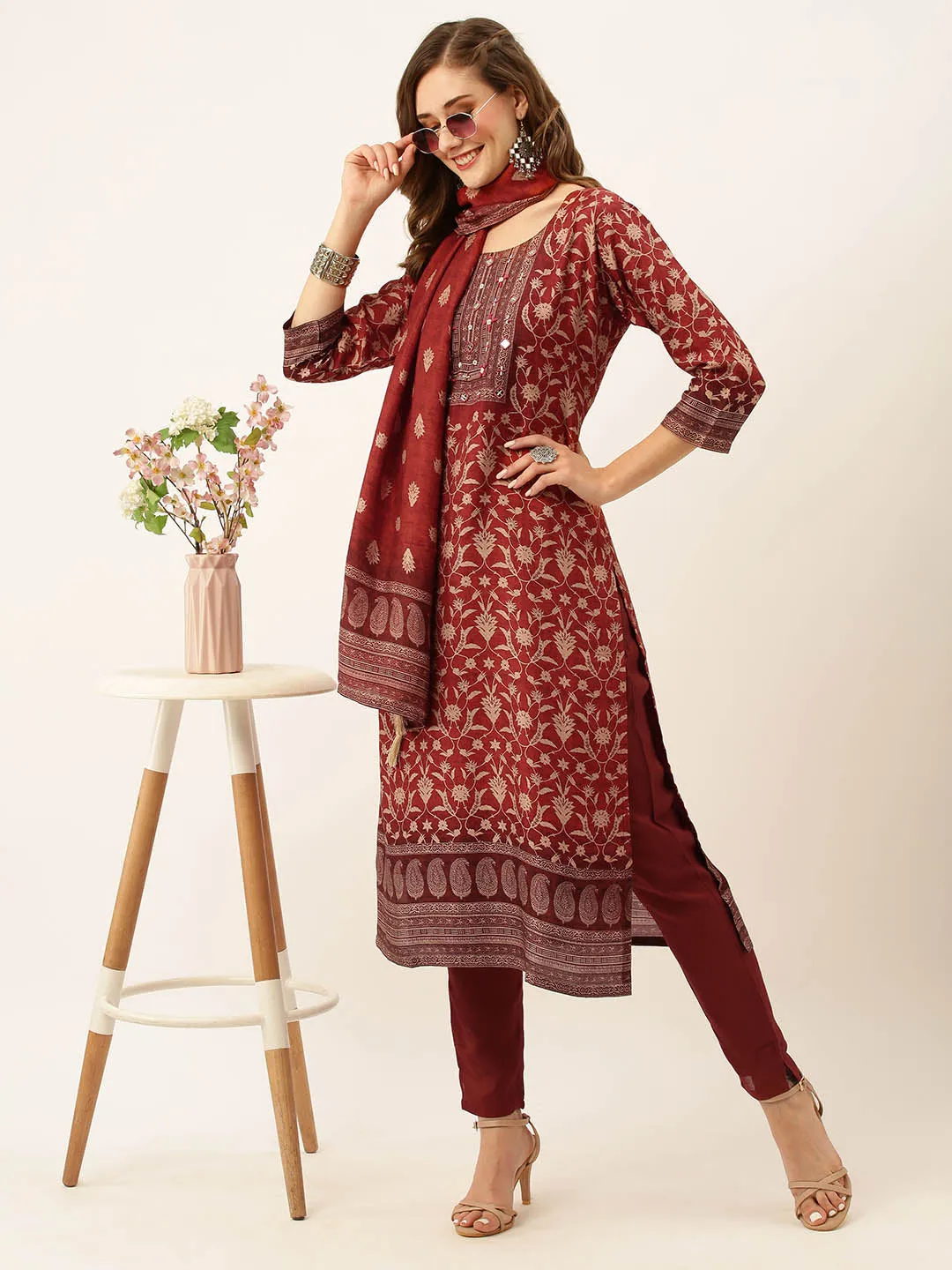 ZOLA Exclusive Silk All Over Floral Print Maroon Straight Kurta Set With Dupatta For Women