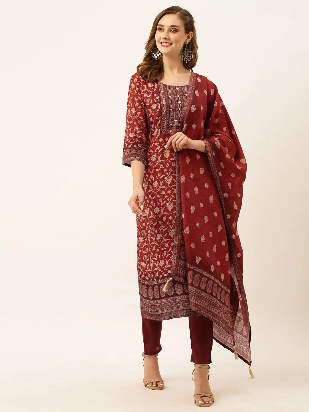 ZOLA Exclusive Silk All Over Floral Print Maroon Straight Kurta Set With Dupatta For Women