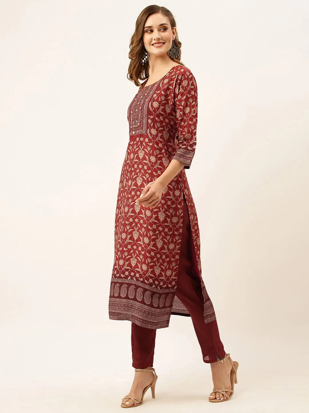 ZOLA Exclusive Silk All Over Floral Print Maroon Straight Kurta Set With Dupatta For Women